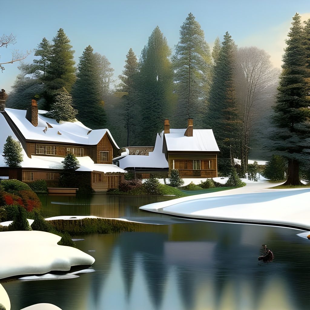 Winter Scene Painting with Pond and House