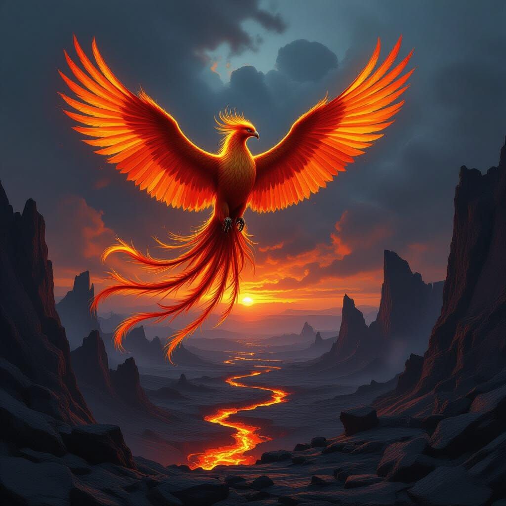 Fiery Phoenix Soars Over Lava Landscape