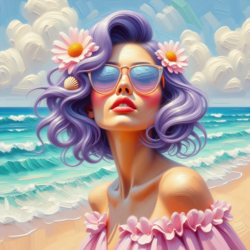 Woman Gazing at Beach in Pastel Oil Paint Style