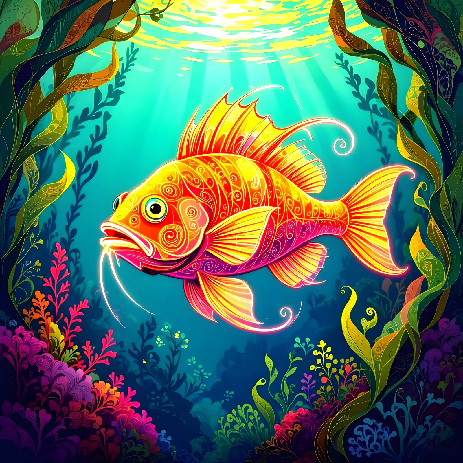 Neon Anglerfish in Art Nouveau Kelp Forest