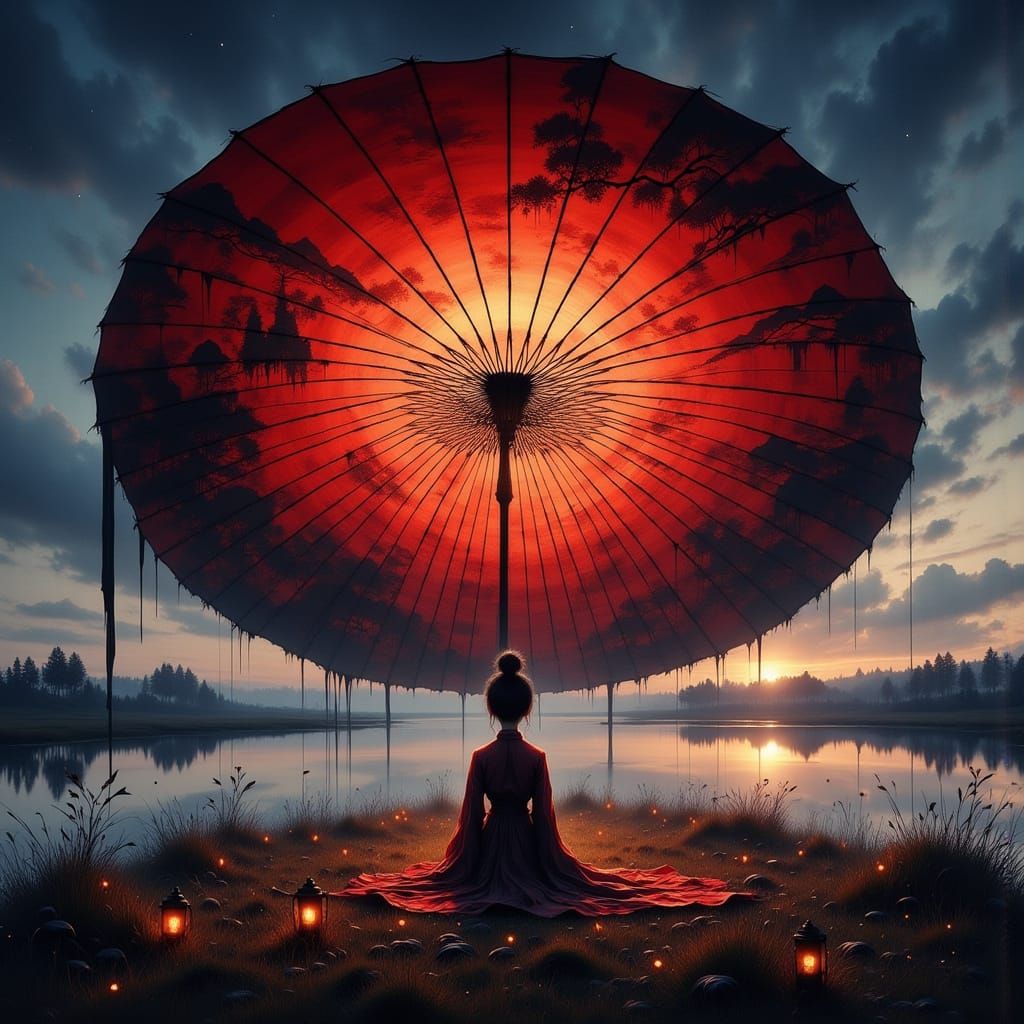 Surreal Twilight Riverside Scene with Parasol Mandala