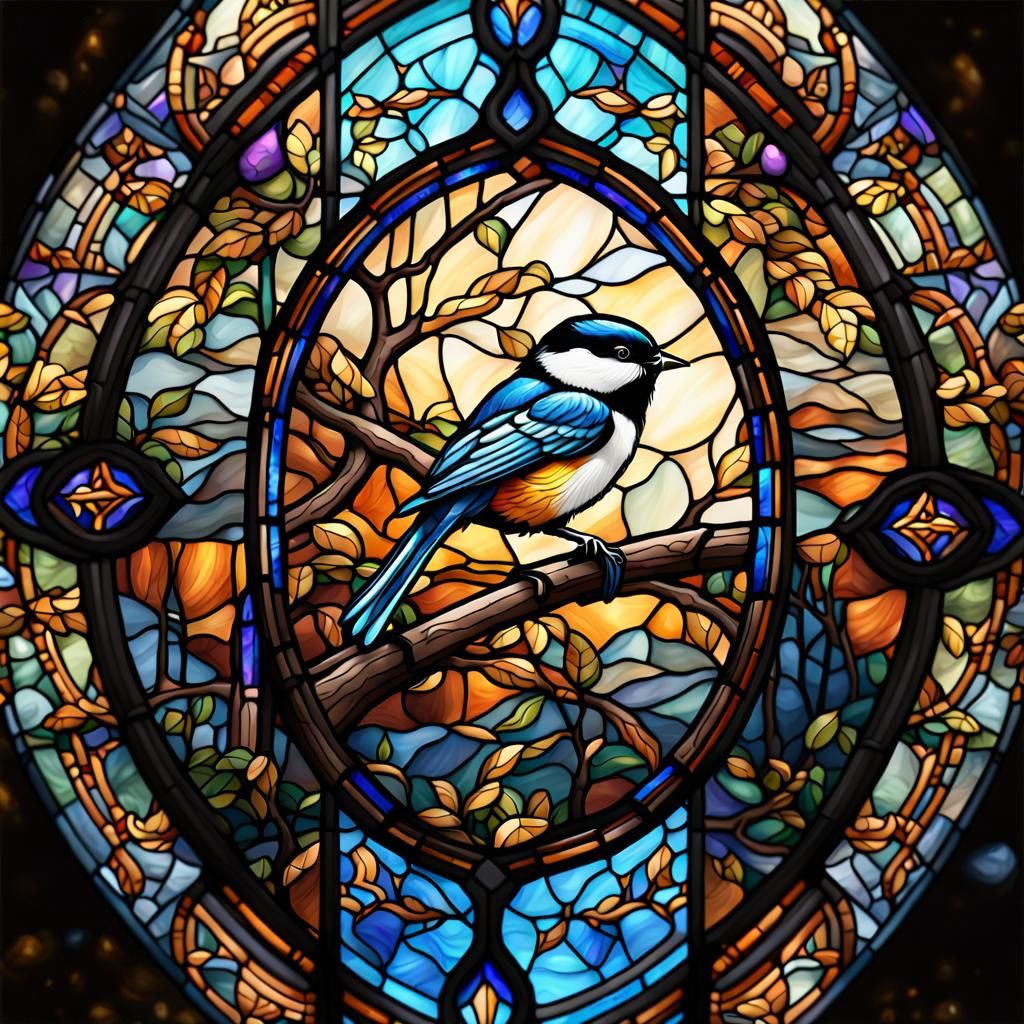 Chickadee Cathedral: Detailed Stained Glass Matte Painting