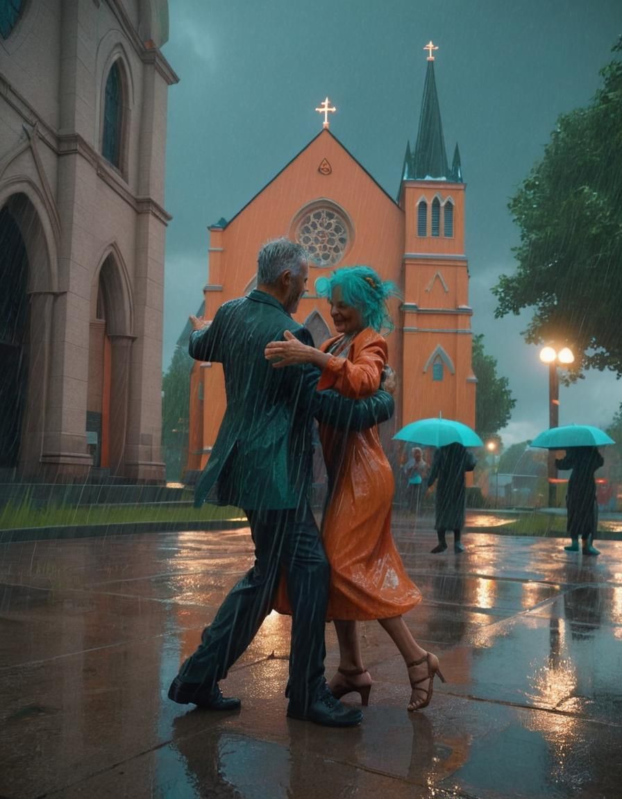 Elderly Couple Dancing in Rainy Art Nouveau Scene