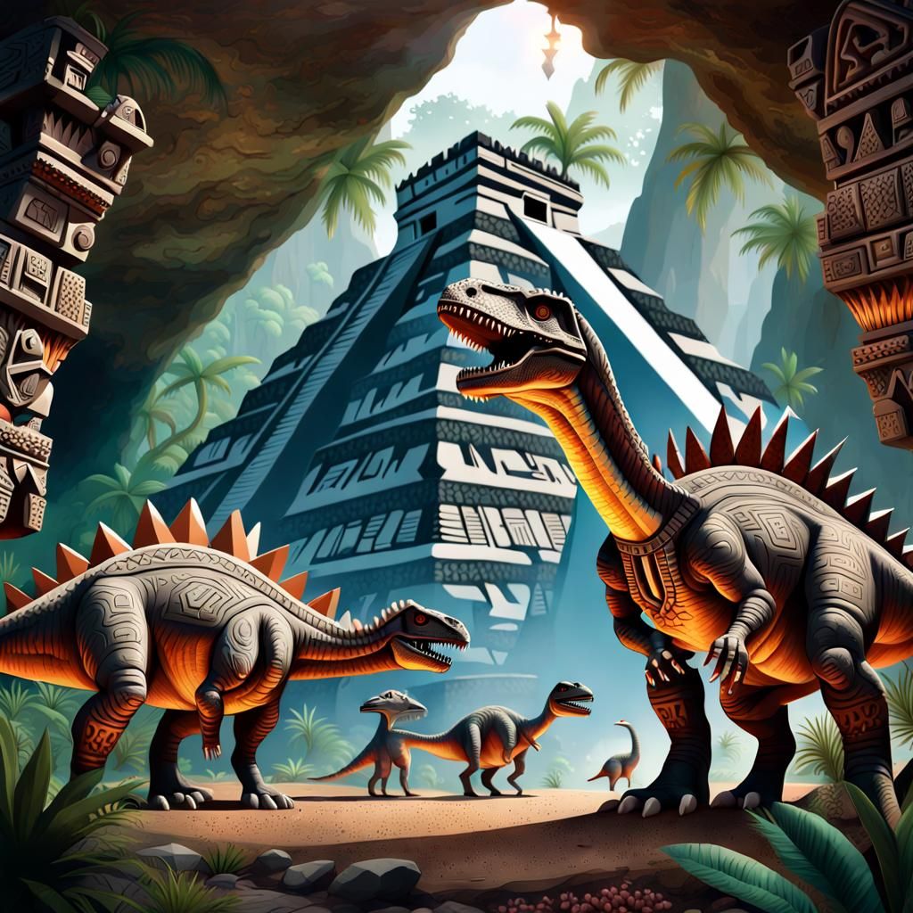 Aztec Dinosaurs in Jungle Cave with Pyramids