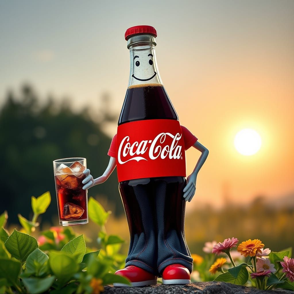 Coca-Cola Bottle Character in Sunny Nature Scene