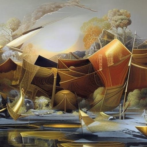 Surreal Steam Engine Fantasy Art with Metallic Jewelry