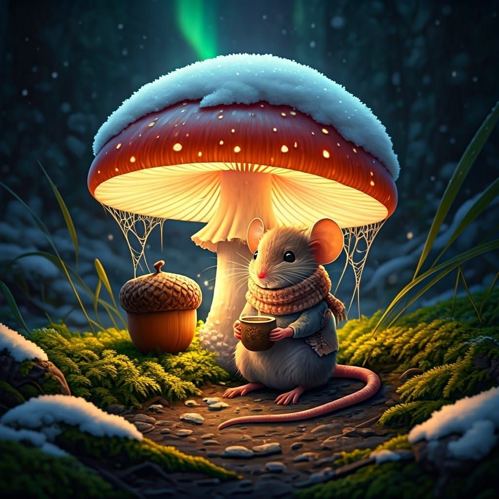 Whimsical Winter Wonderland with Mouse and Magic Mushroom
