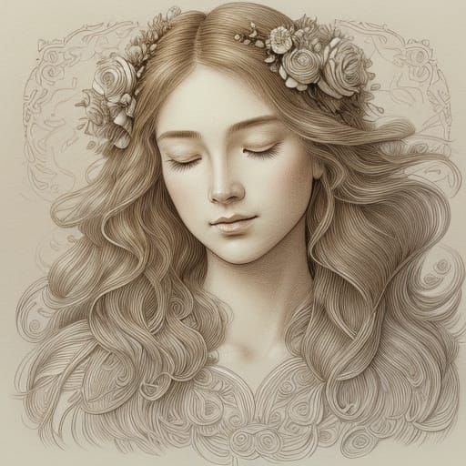 Woman with Rose Hair: Delicate Ink Illustration