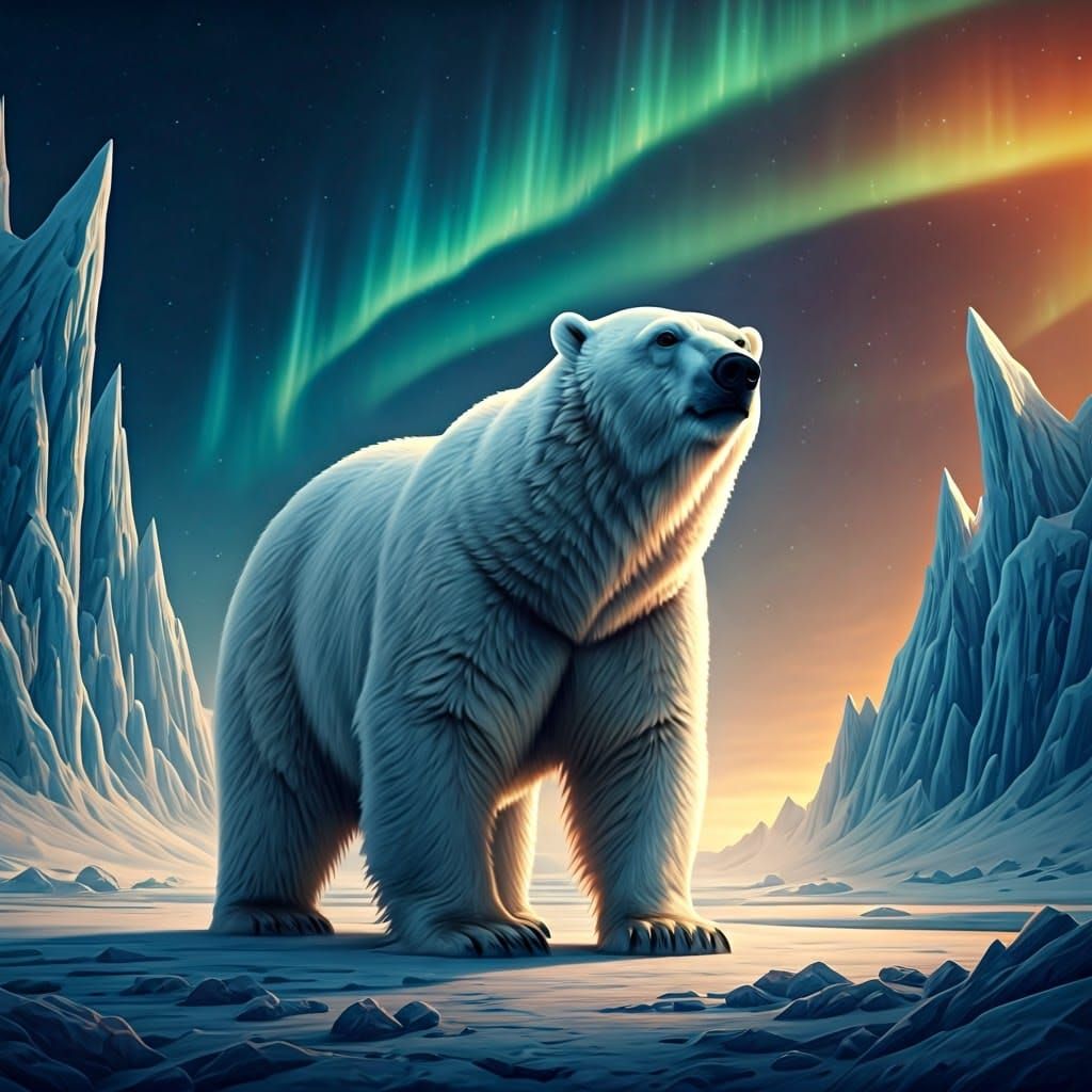 Heroic Polar Bear in Frozen Aurora Landscape