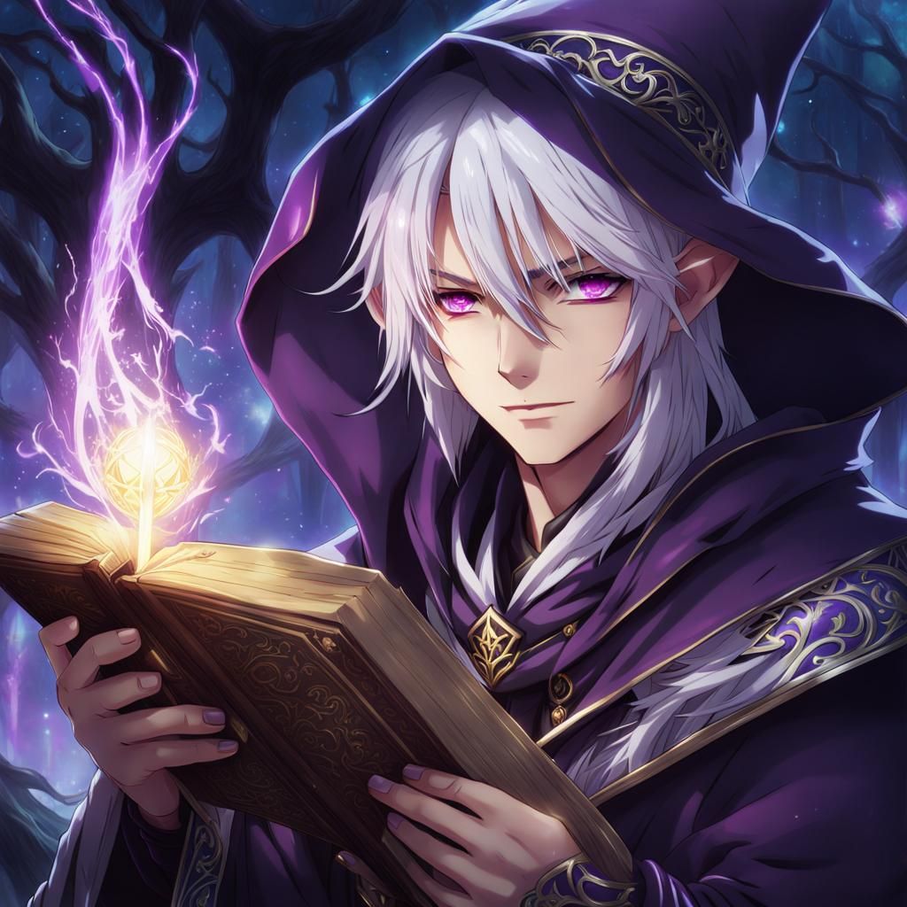 Shadar-Kai Elf Wizard with Grimoire, Anime Style