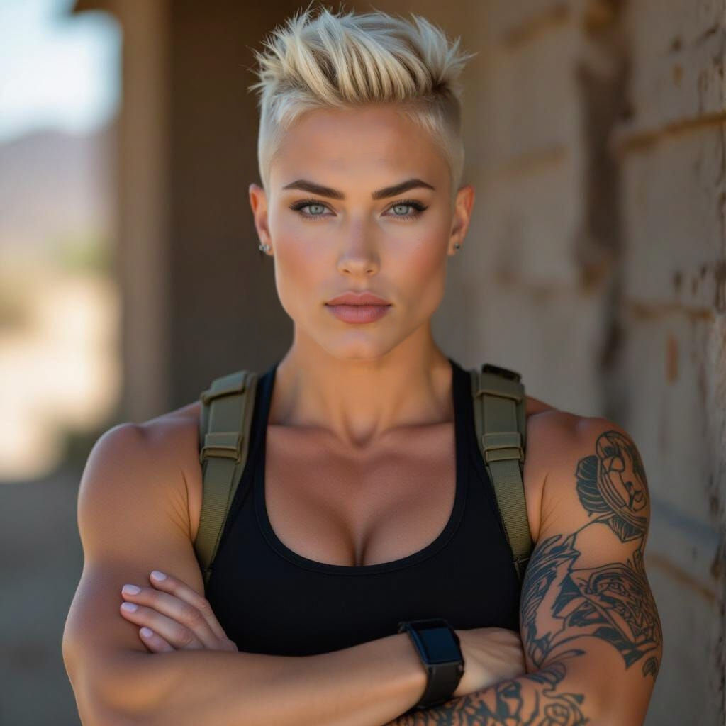 Intimidating Stone Butch Woman with Short Blonde Hair