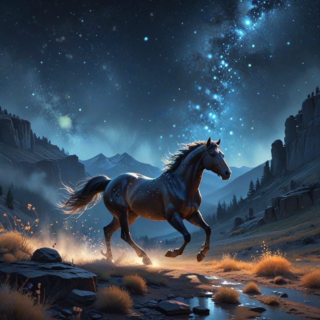 Starlit Steed Galloping in Watercolor Canyon