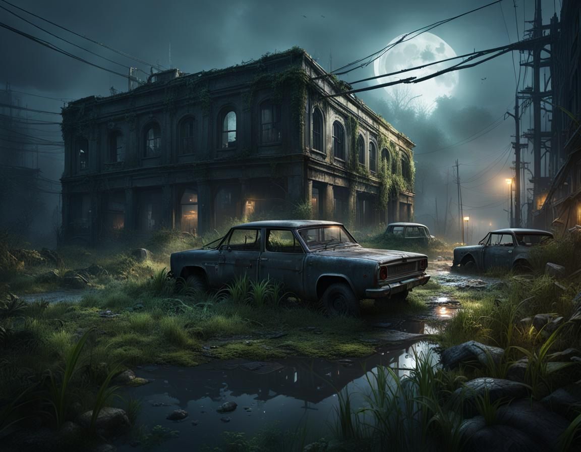 Overgrown Post-Apocalyptic City at Night