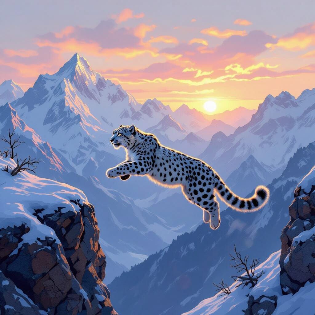 Snow Leopard Leaping Across Himalayan Chasm at Dawn