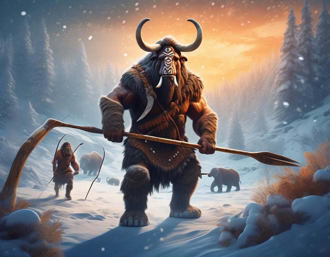 Mesolithic Hunter and Woolly Mammoth in the Snow