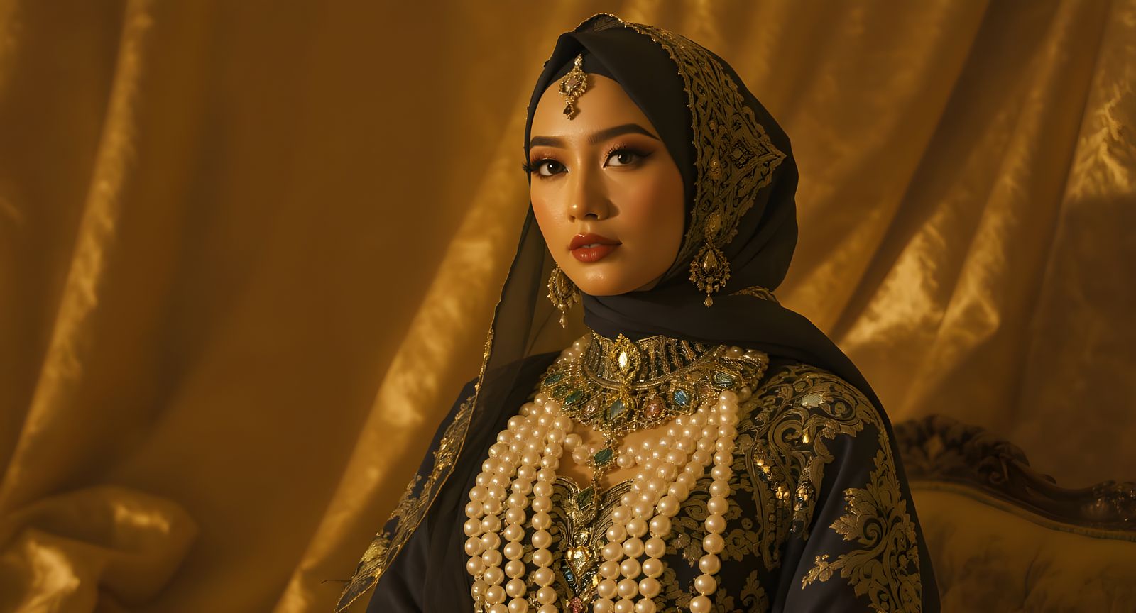 Elegant Asian Woman in Hijab with Pearl Body Chain and Arabi...