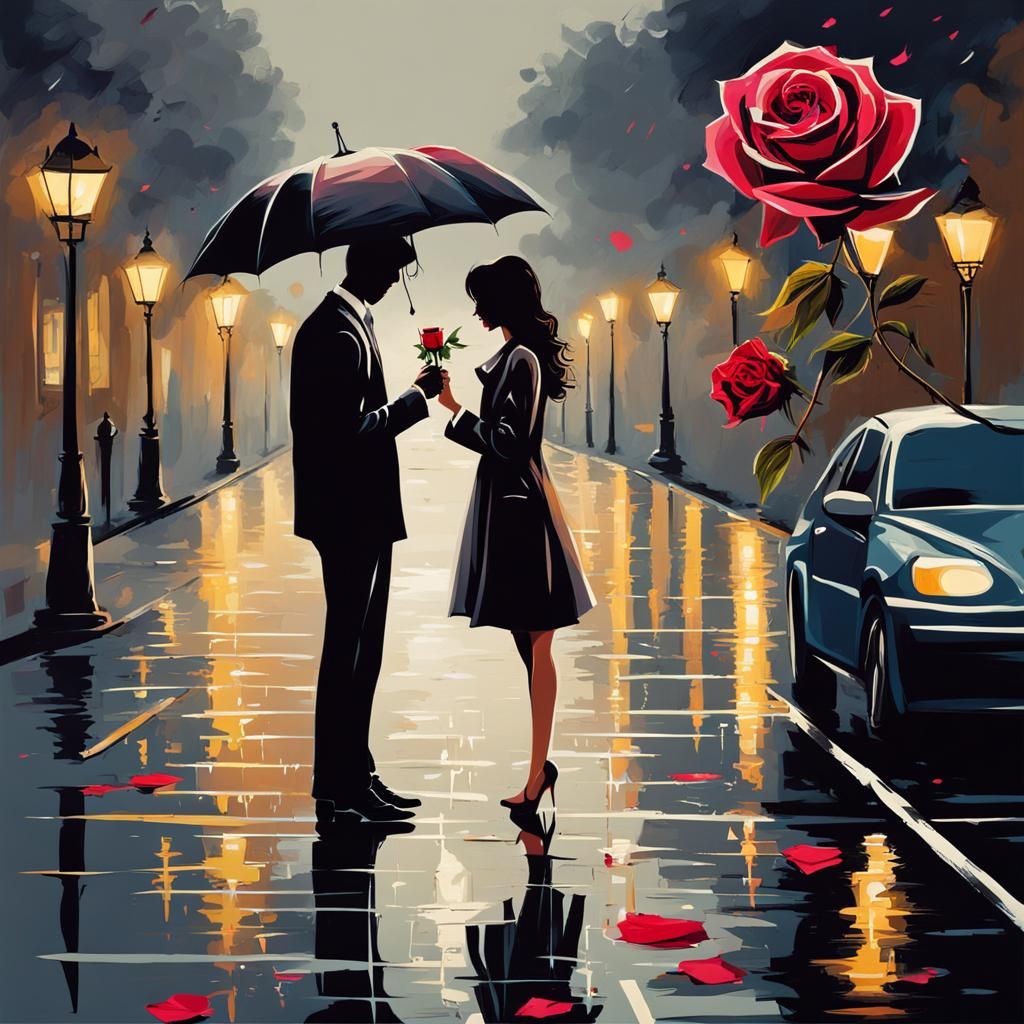 Romantic Proposal in Rainy Street: Abstract Art