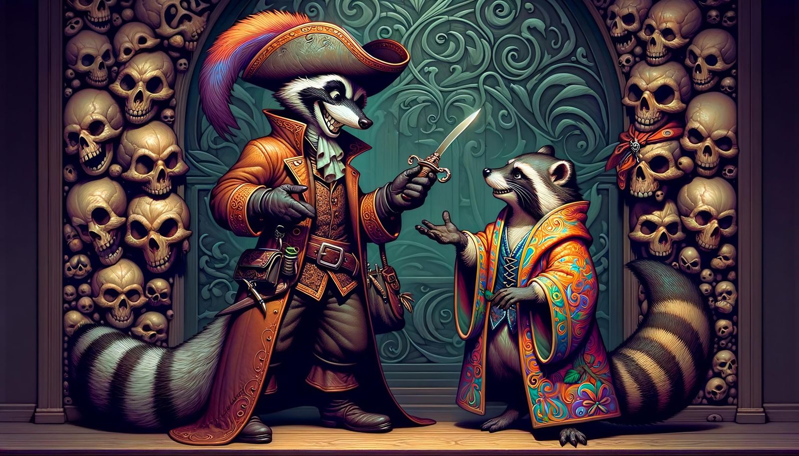 Anthropomorphic Weasel Pirate Negotiates with Raccoon