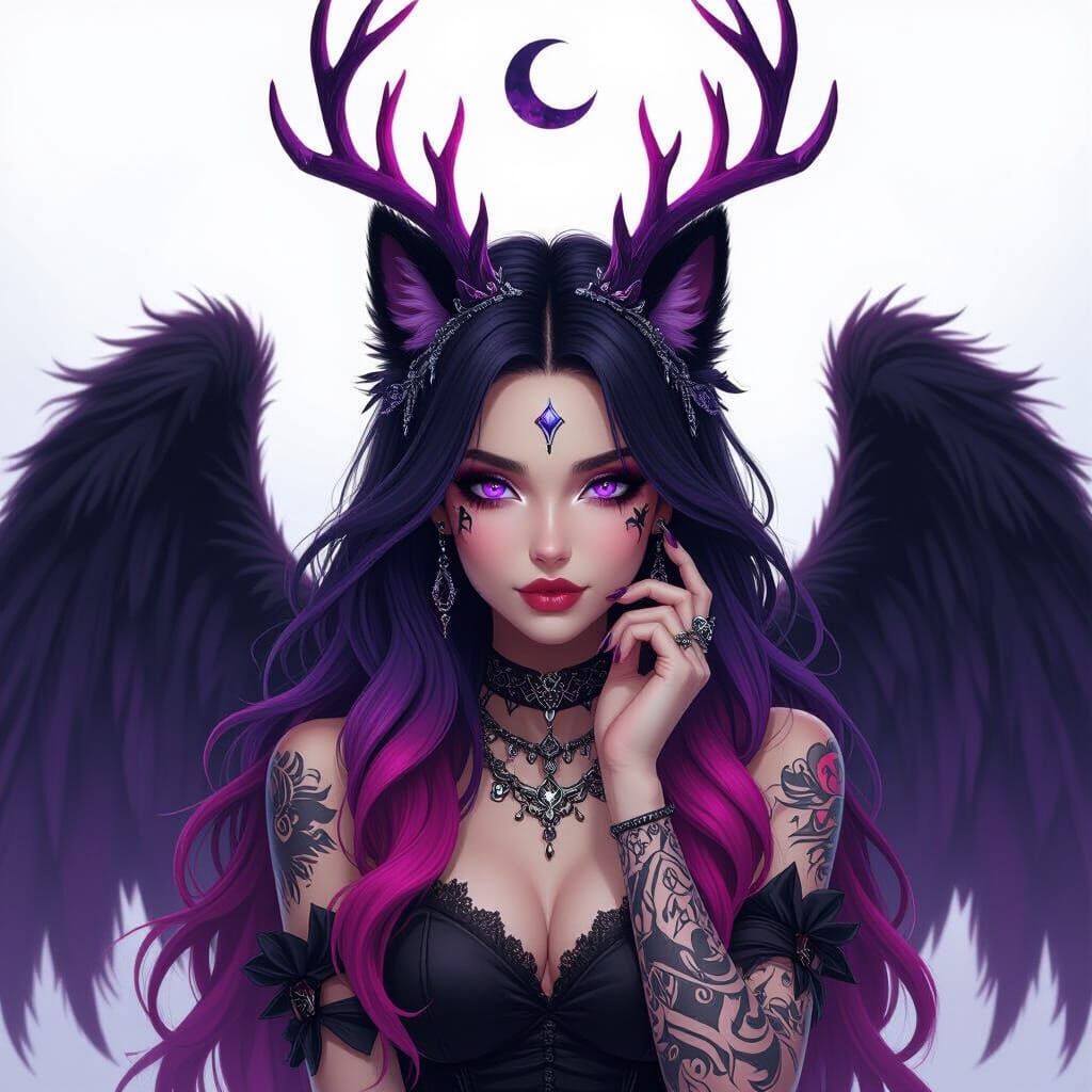 Gothic Wolf Woman with Ombre Hair and Antlers