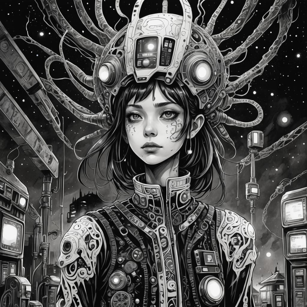 Surreal Sci-Fi Anime Portrait in Ink Wash Style