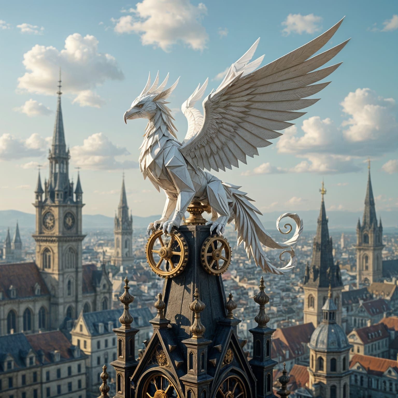 Origami Griffin Perched Over Steampunk Metropolis