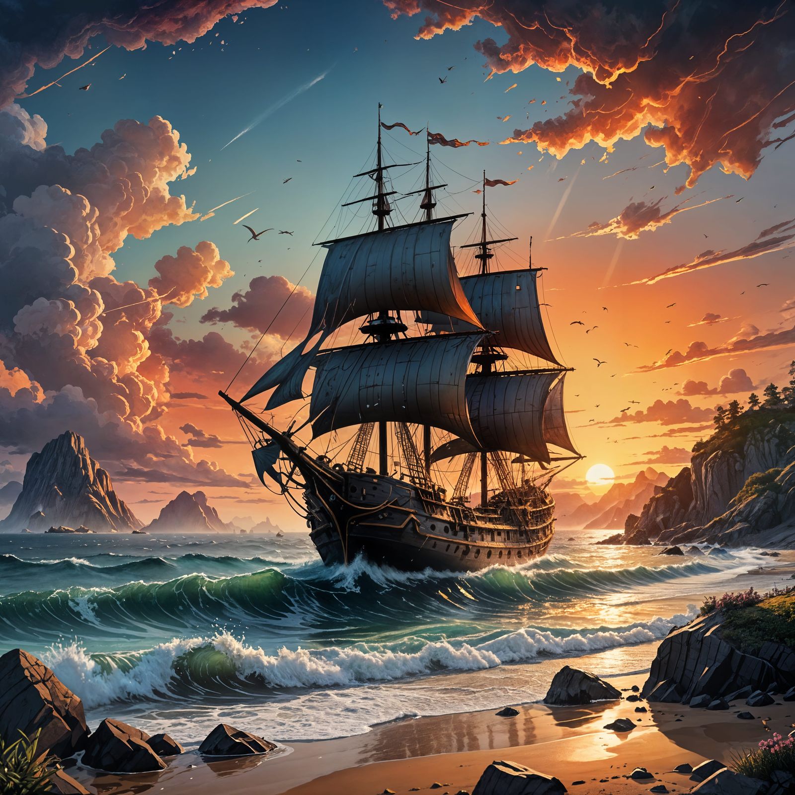 Sunset at Sea in Vibrant Watercolour Style