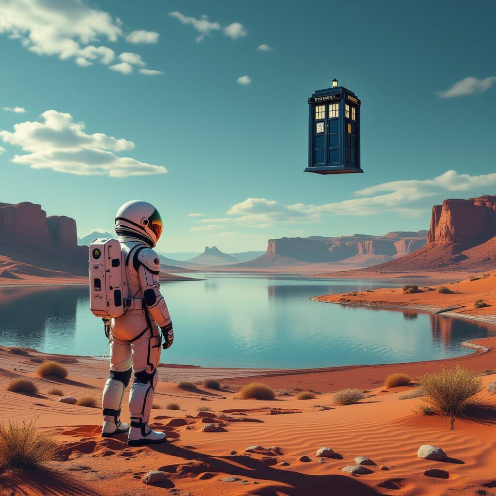 Astronaut on Alien Planet with TARDIS in Sky