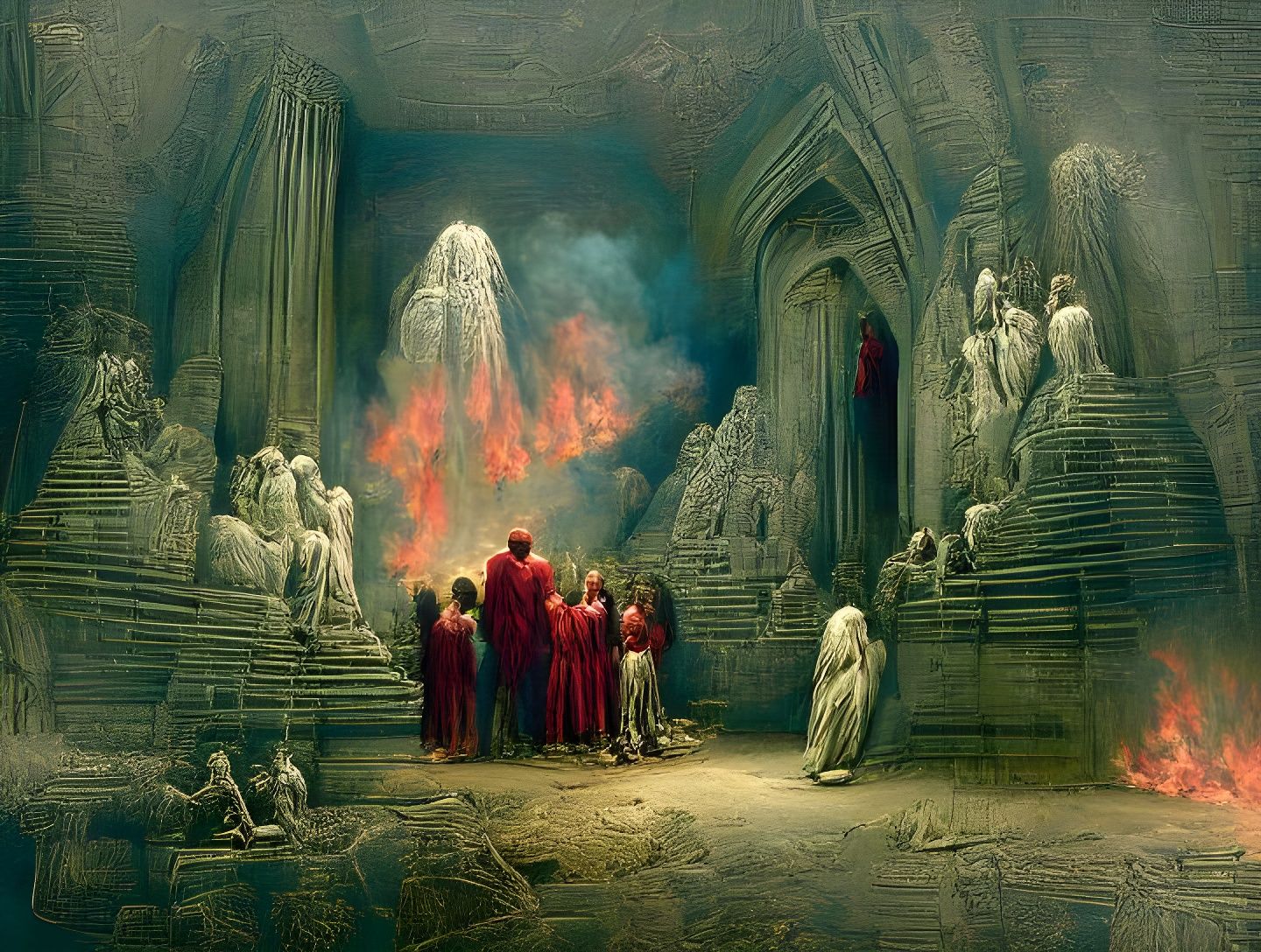 Temple Ablaze in Gustave Doré Style