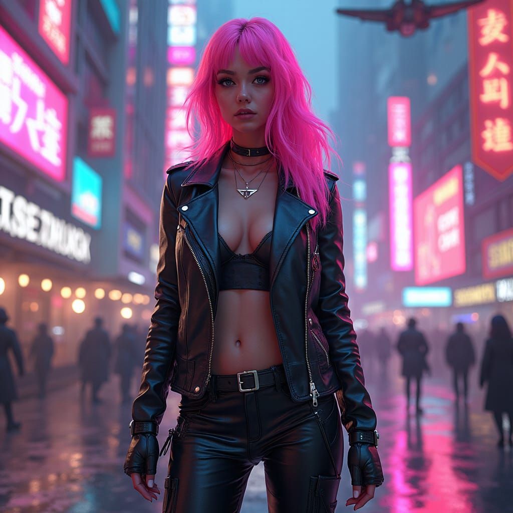 Cyberpunk Woman in Futuristic City Square