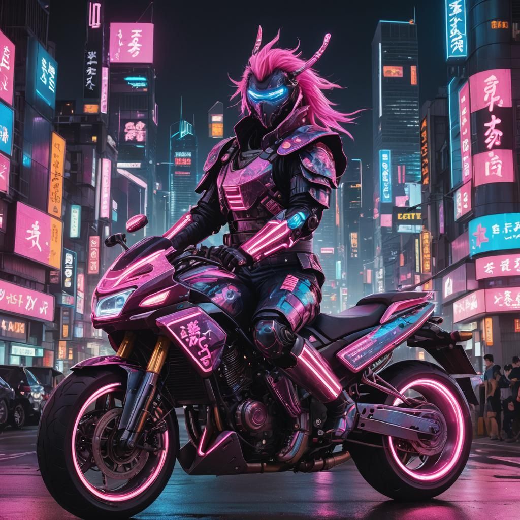 Prompt: A cyberpunk samurai, adorned in neon-lit armor, ridi...