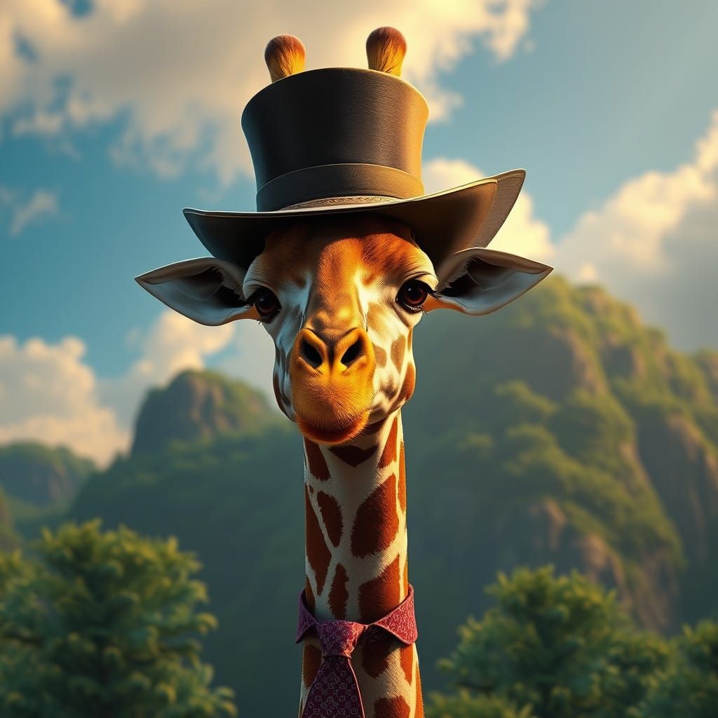 Elegant Giraffe in Top Hat and Burgundy Tie, against Emerald...