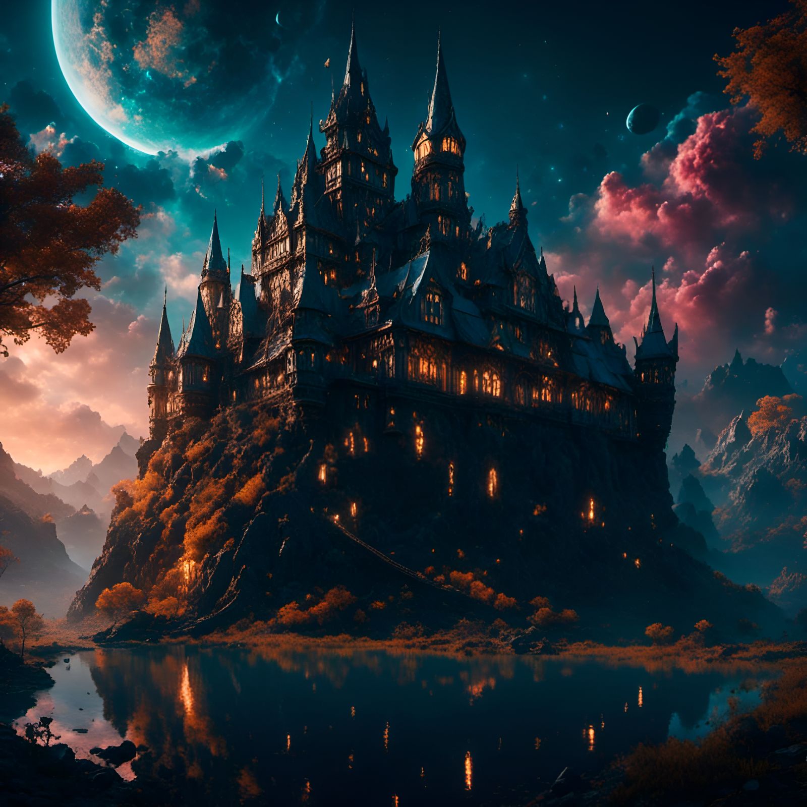 Cinematic Castle Illuminated at Night