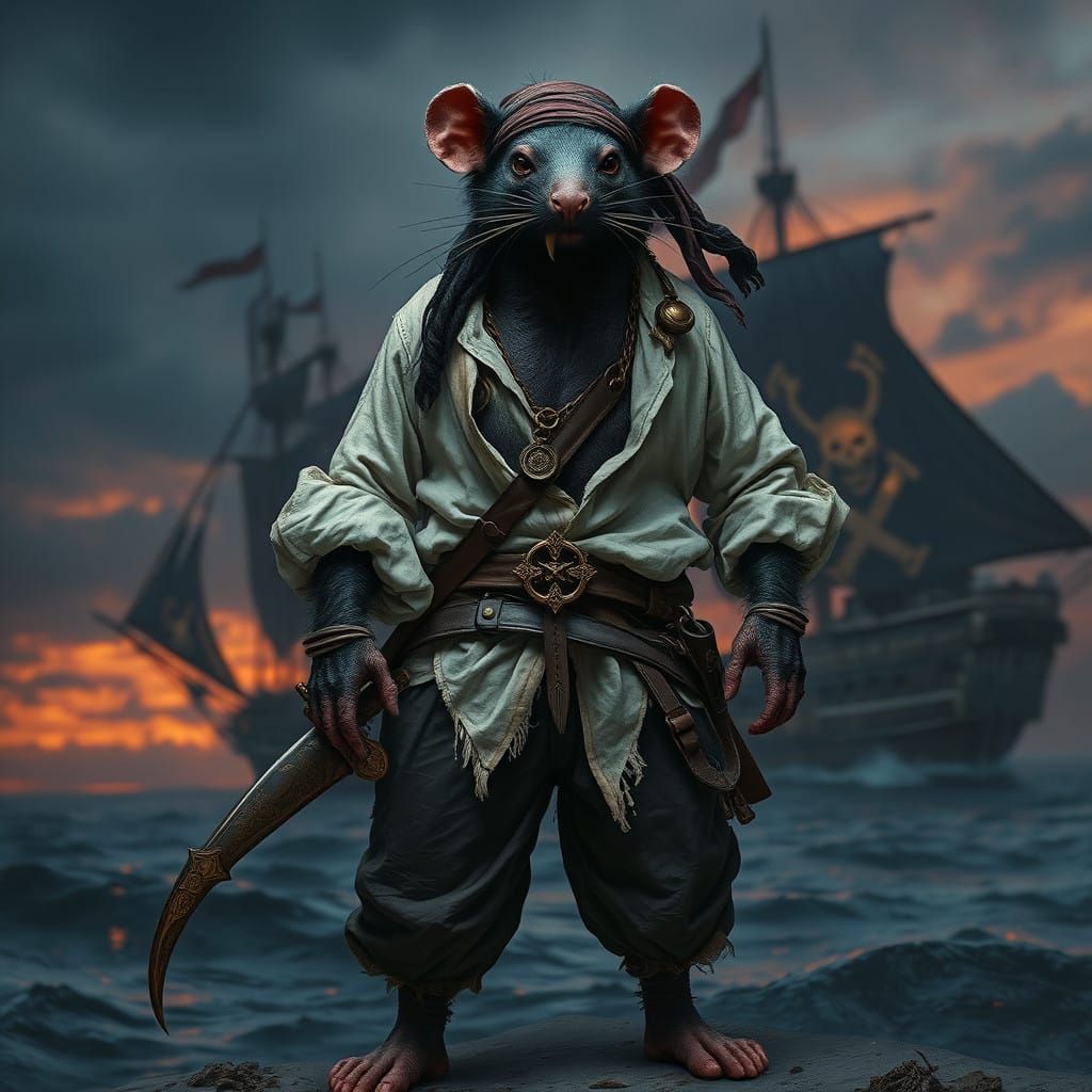 Rugged Pirate Rat Man Stands Proud on Weathered Ship