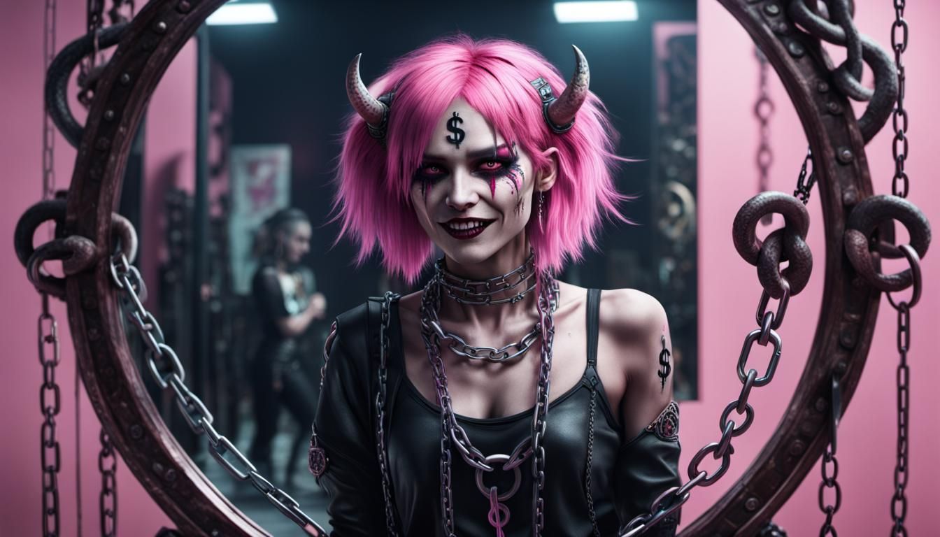 Mirror Demon Pulls Punk Girl into Realm: Digital Art