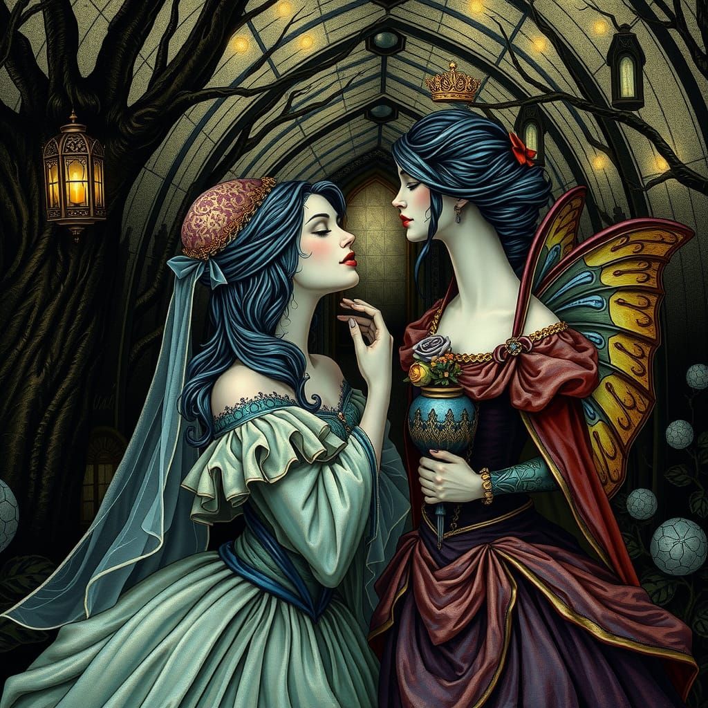 Gothic Princesses in a Fairy Castle at Sunset