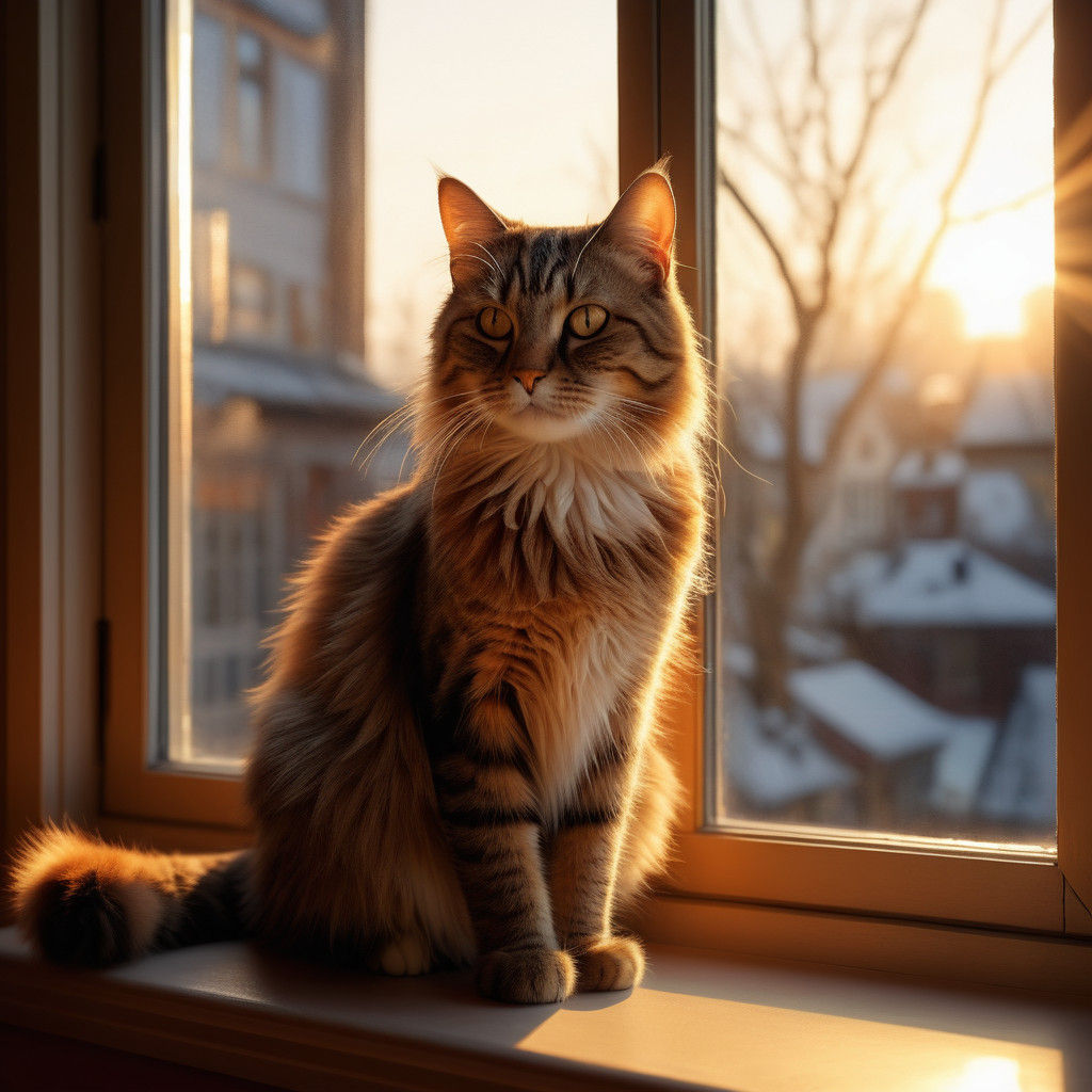 Surreal Hyperrealistic Window Scene with a Soothing Feline P...