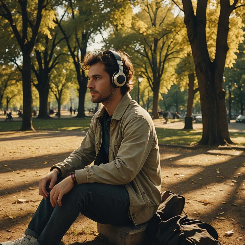 Man Listening to Music in Park: Cinematic Film Still