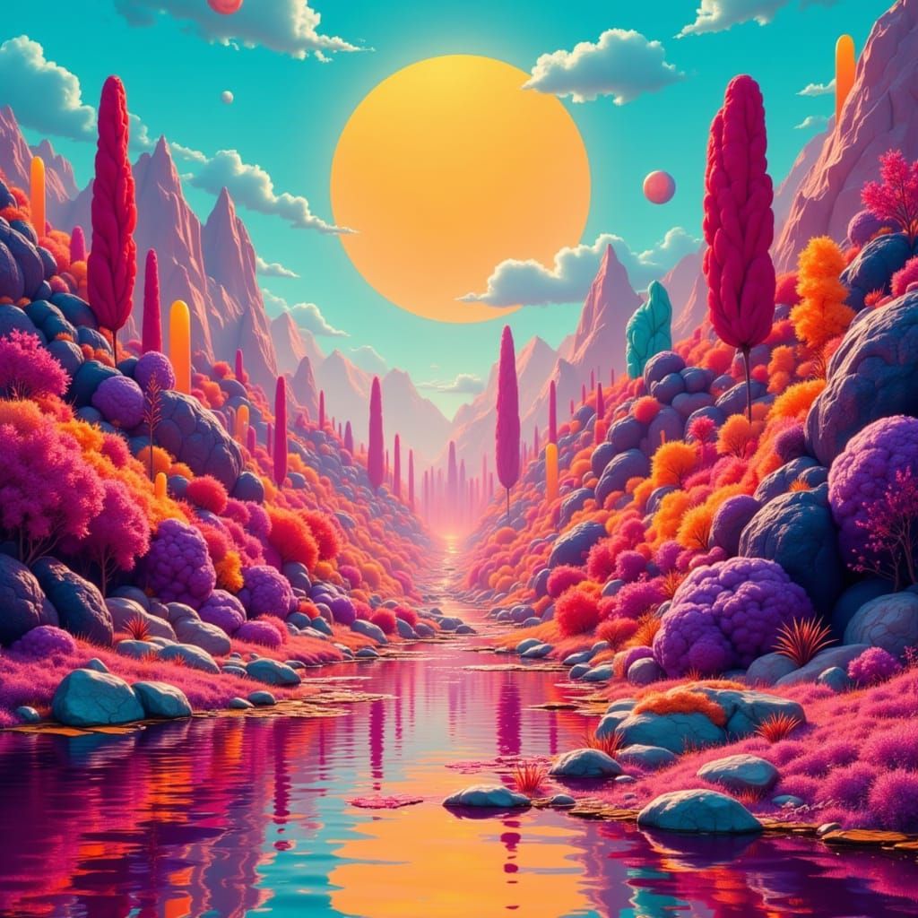 Vibrant Surreal Landscape at Sunset, Neon Colors