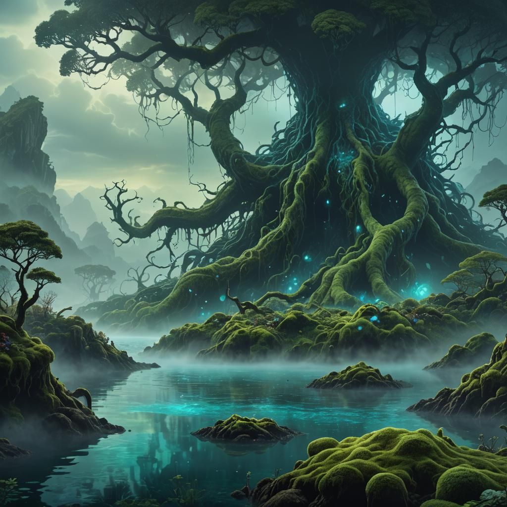 Bioluminescent Monster in Fantasy Landscape