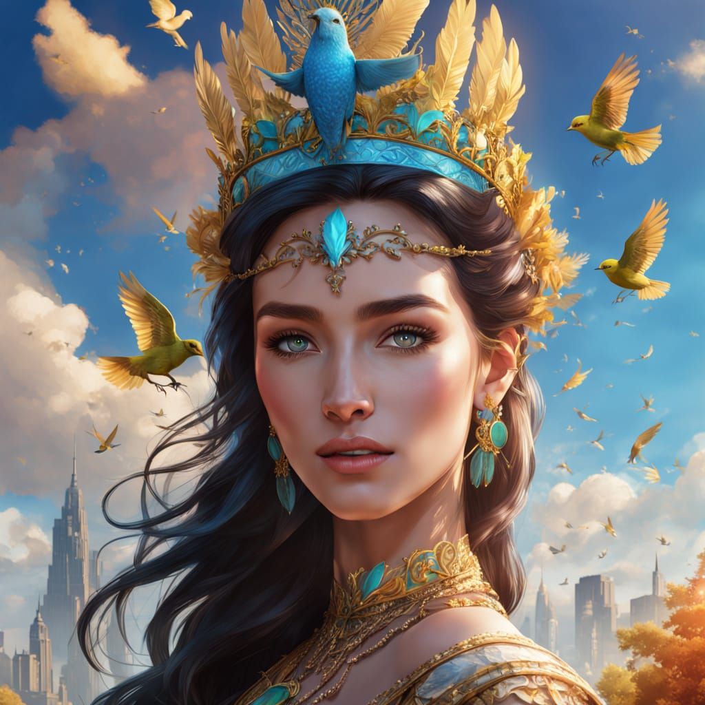 Young Women in Regal Finery Against a Vibrant Blue Sky