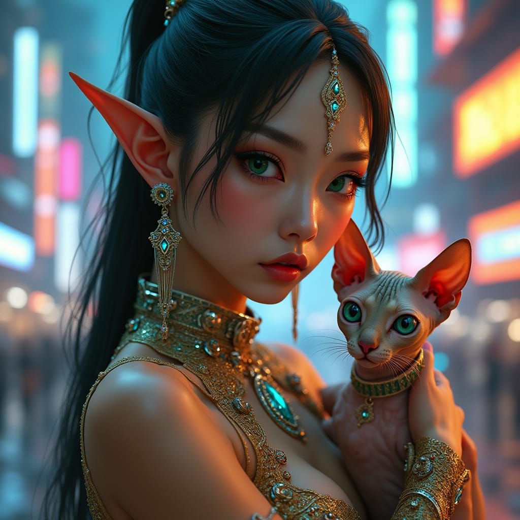 Asian Elf Woman with Sphynx Cat in Neon Cityscape