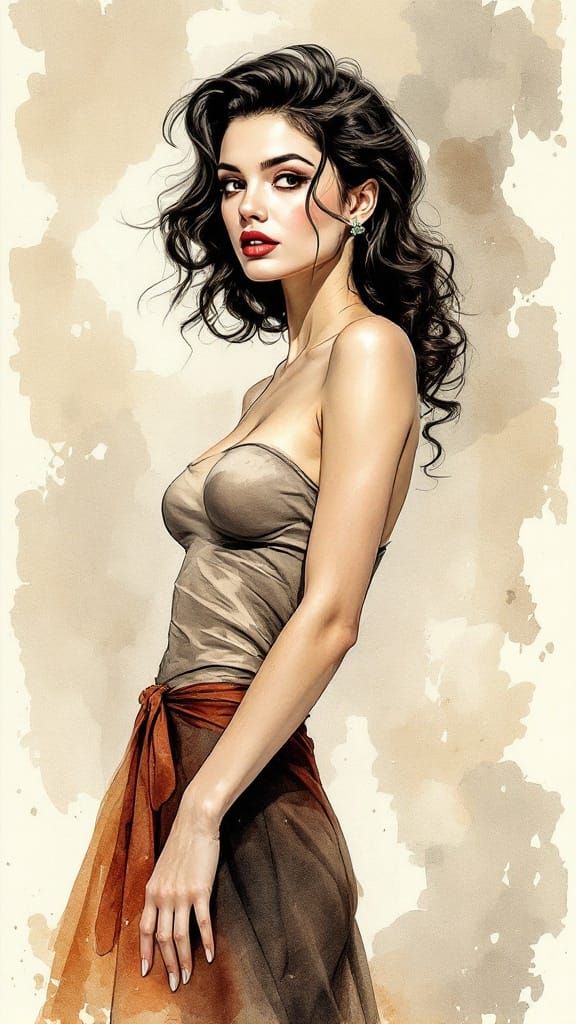 Surreal 1960s Pin Up Woman in Elegant Watercolor Style