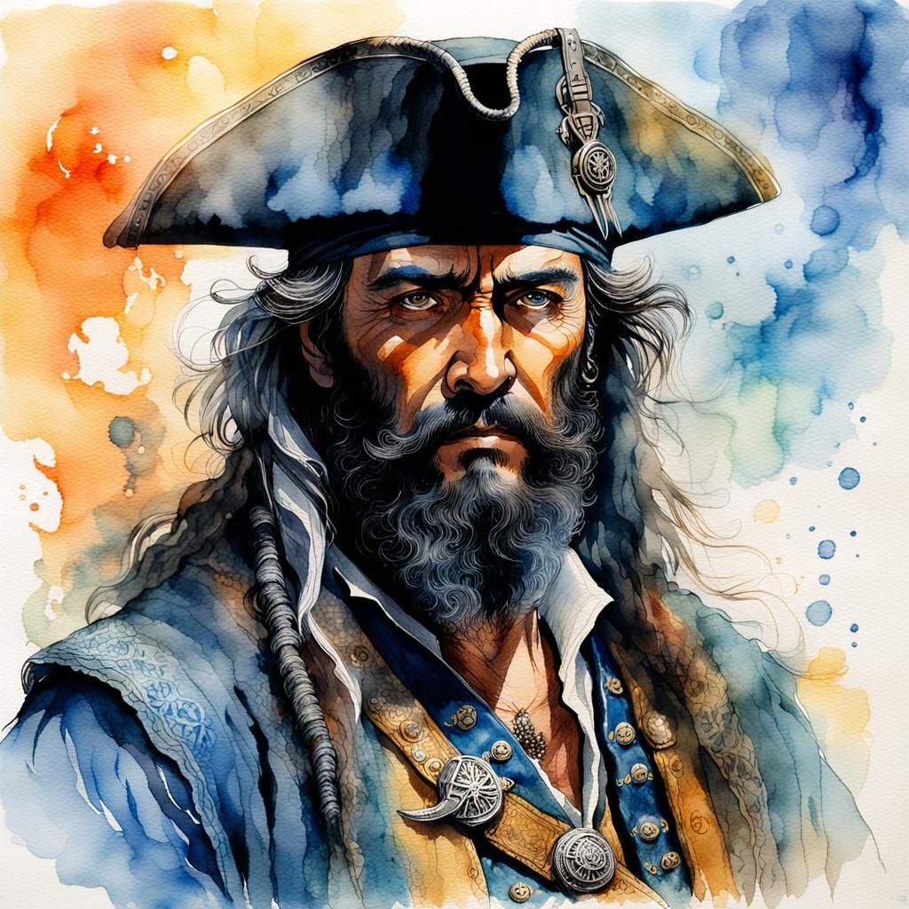 Blackbeard Ghostly Portrait in Ethereal Watercolor