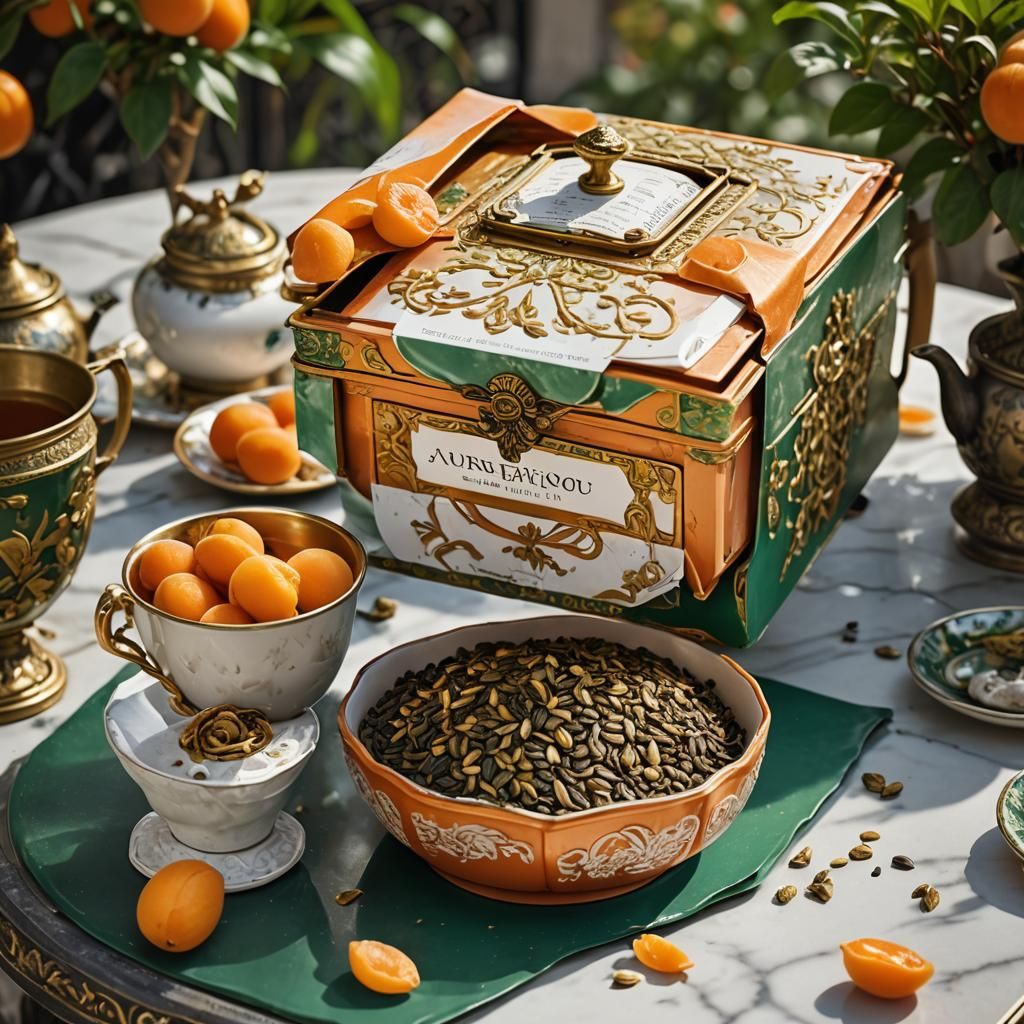 Apricot Tea Overflowing on French Patio, Detailed Matte Pain...