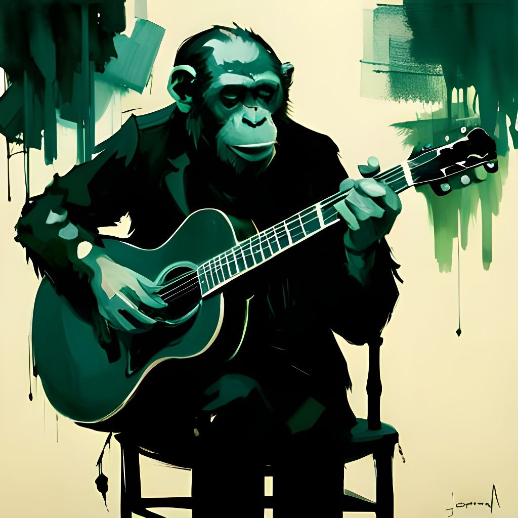 Man and Chimpanzee Guitar Duet in Mann Style