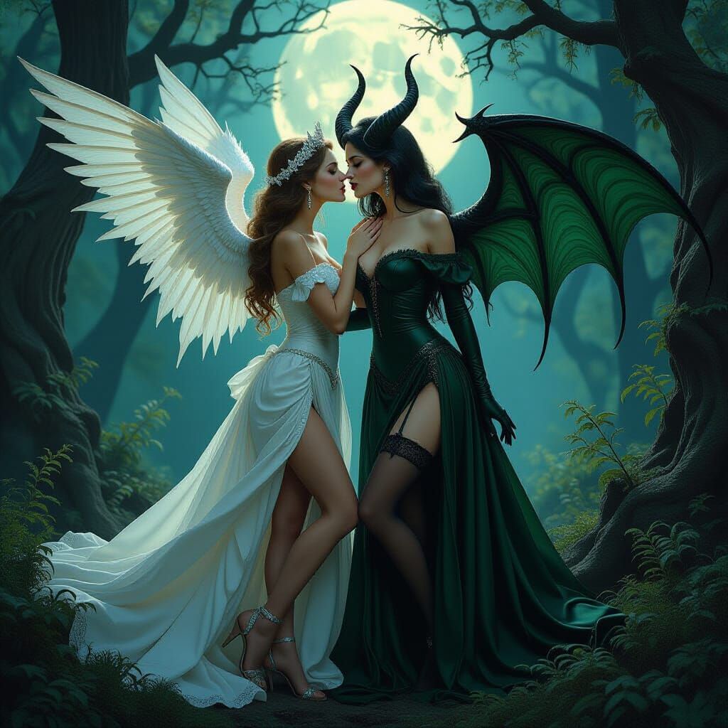 Angelic Lady Kissing Demon in Moonlit Forest