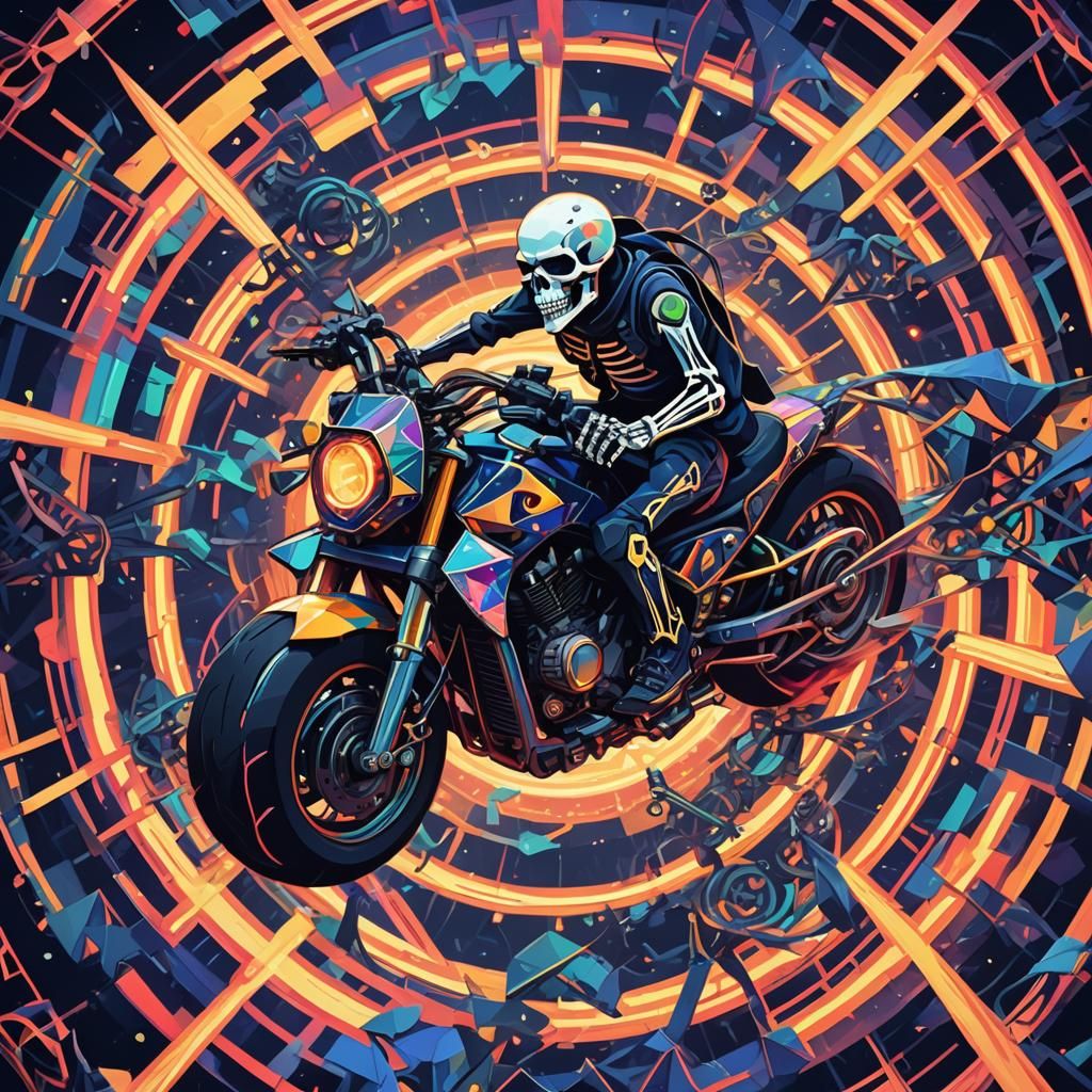 Skeleton Rider in Kaleidoscopic Low Poly Art