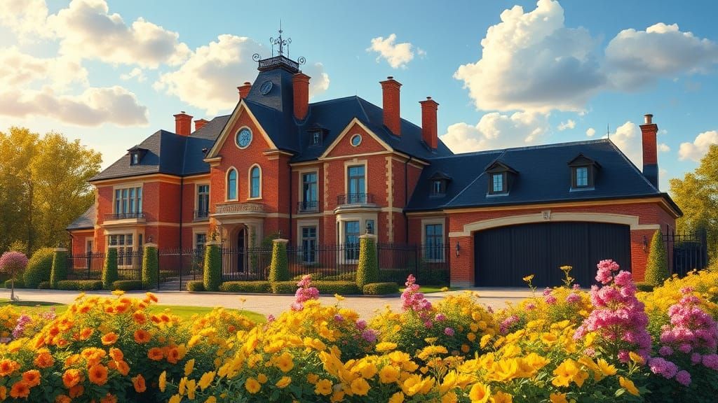 Grand Chateau in Golden Afternoon Light with Flower Garden