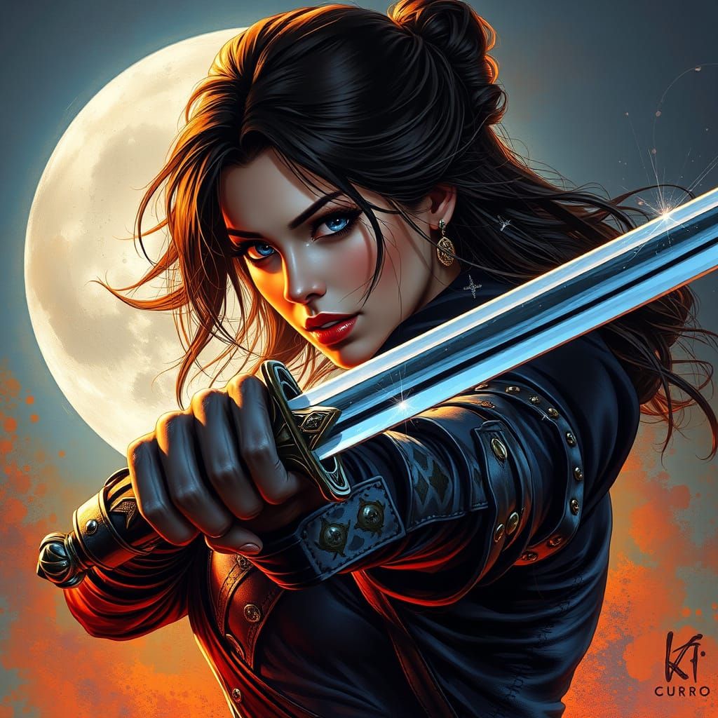Hyperrealistic Female Zorro with Rapier Under Moonlight