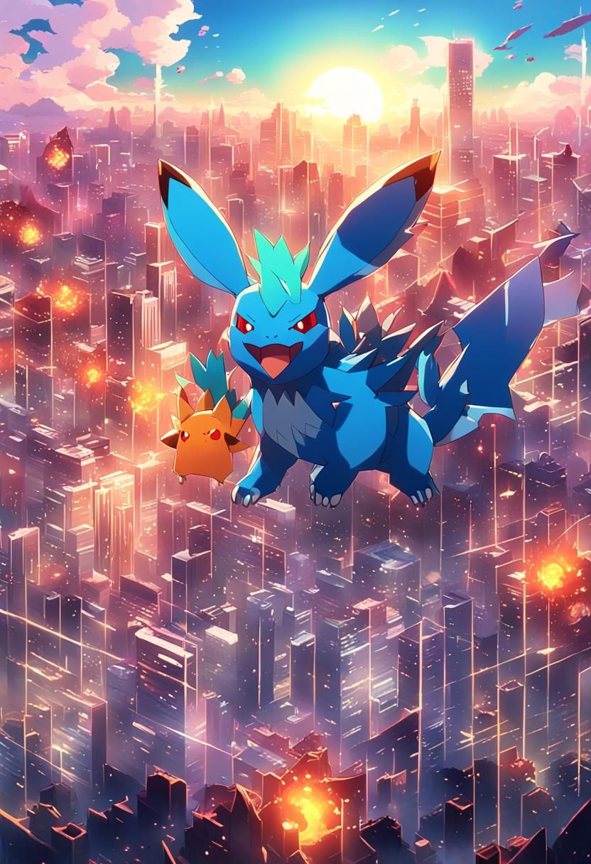Angry Pokémon in Ruined Cityscape: 3D Anime Art